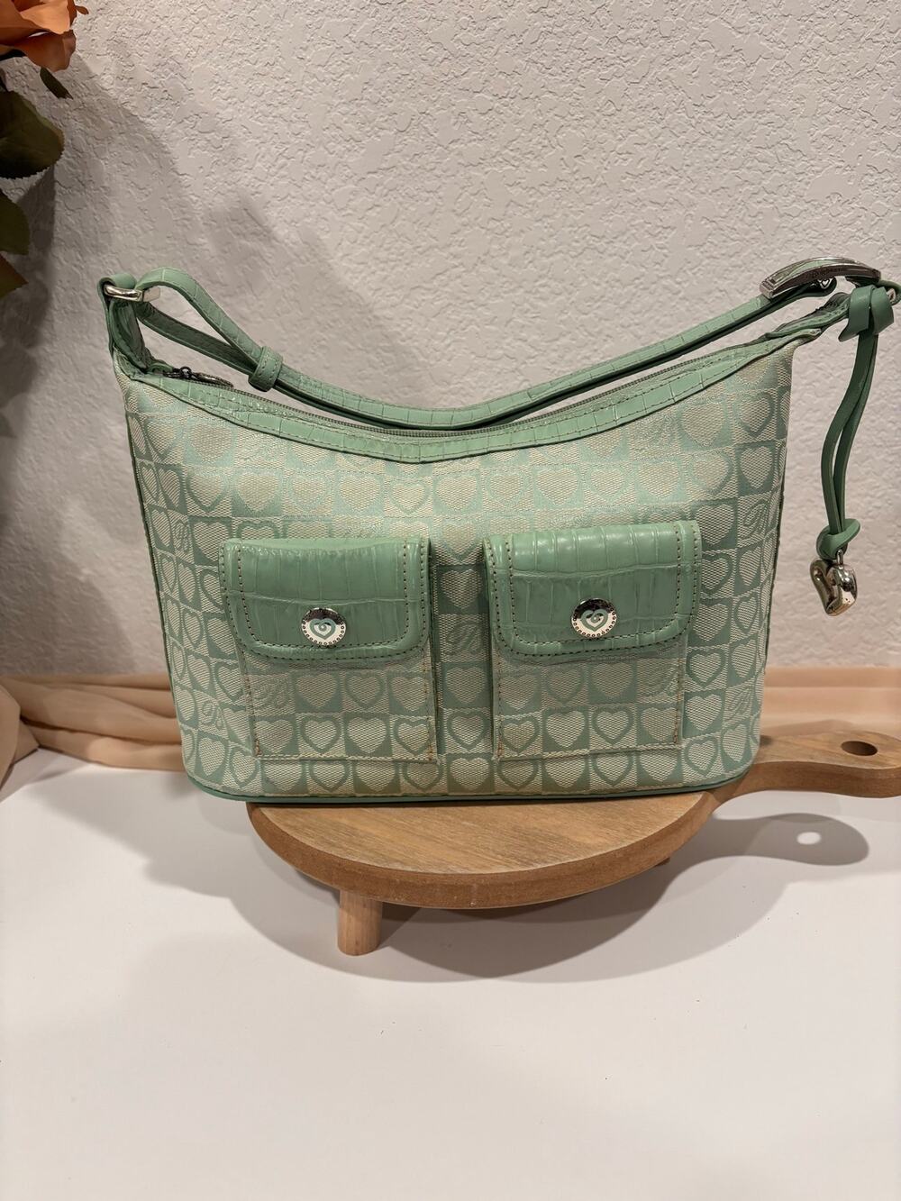 Brighton Vintage Mint Green Heart Pattern Shoulder Bag Purse Silver Heart Charm